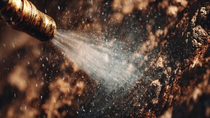 Water sprays from a metal nozzle onto dark soil in a garden during daylight
