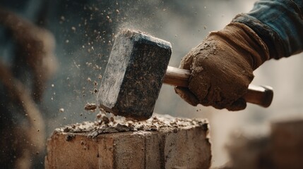 Craftsman uses hammer to shape stone in workshop during daylight hours with dust flying around the work area
