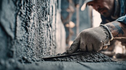 Construction worker applying cement to a wall at a building site in daylight with tools and safety gear on
