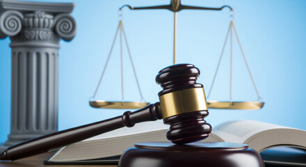 Obraz premium Justice scales and gavel on desk with law book and column, symbolizing legal system
