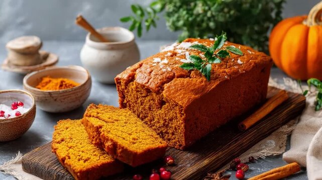 Freshly baked pumpkin bread with spices on rustic wooden table setting. Pumpkin Spice Bread