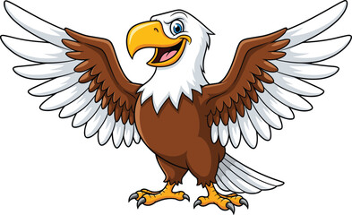 Naklejka premium Cheerful bald eagle mascot illustration, cartoon eagle with spread wings flying pose, vector bird character for branding, education, and patriotic designs