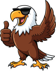 Naklejka premium Cool cartoon eagle mascot wearing sunglasses, giving thumbs up, patriotic bird character illustration, flat vector design, isolated on white background