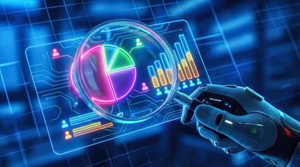 Futuristic robot hand holding a magnifying glass over a glowing digital interface displaying pie charts and bar graphs for data analysis and business intelligence concept