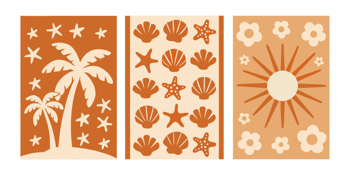 A triptych of retro style panels featuring tropical and summer themed designs