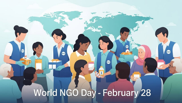 Diverse volunteers serving food on world ngo day february 28 global aid and community support