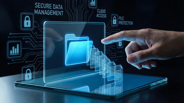 Digital concept of secure data management and cloud access on a futuristic transparent screen interface, with a finger interacting with glowing blue folder icons and security symbols - Powered by Adobe
