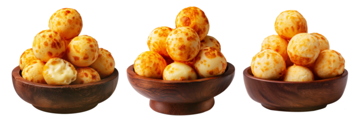Stack of Brazilian cheesy bread balls with golden crust and holes, isolated on white background, concept of Pao de Queijo food
