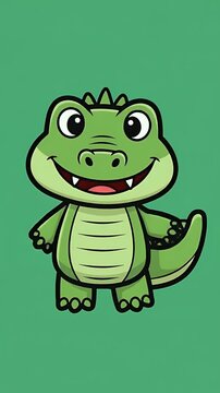 Cute Cartoon Green Alligator Standing Smiling On Green Background