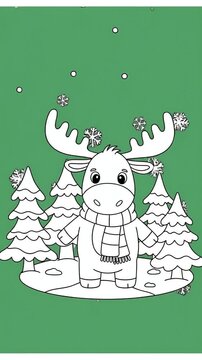 Cute Cartoon Moose Wearing Scarf Snowy Forest Illustration
