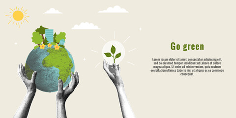 Obraz premium Eco-friendly Earth. Trendy halftone collage. Energy of the future through clean energy. Concept of protecting natural resources, caring for the environment.