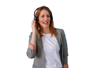 Female customer service representative wearing a headset, smiling and helping clients, transparent background