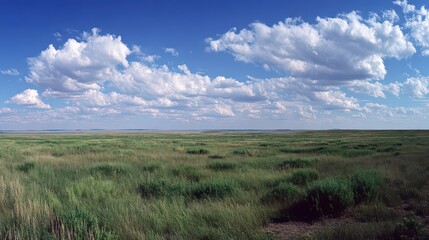 Open Green Grassy Field Under Bright Blue Sky With White Puffy Clouds Landscape With Soft Natural Light And Distant Horizon Panorama Scenic View