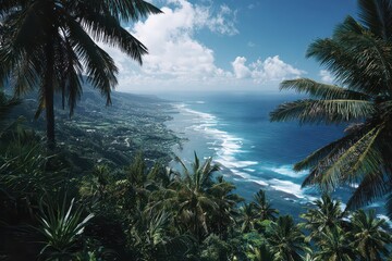 Overlooking Coastline View with Turquoise Water Waves and Green Lush Palm Trees on a Sunny Day in Tropical Setting