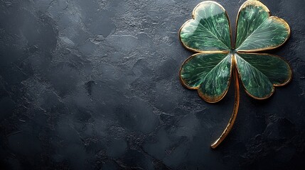 Top View Emerald and Gold Four Leaf Shamrock on Dark Background for St. Patrick's Day Marketing and Social Media Banner Design