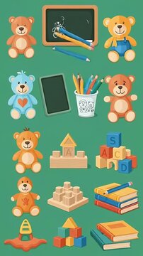 Cute Teddy Bears And School Supplies Pixel Art Collection