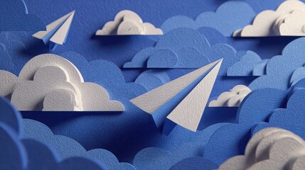 Paper Airplanes Soaring Through Cloudy Sky in Blue and White Tones Abstract Art Illustration