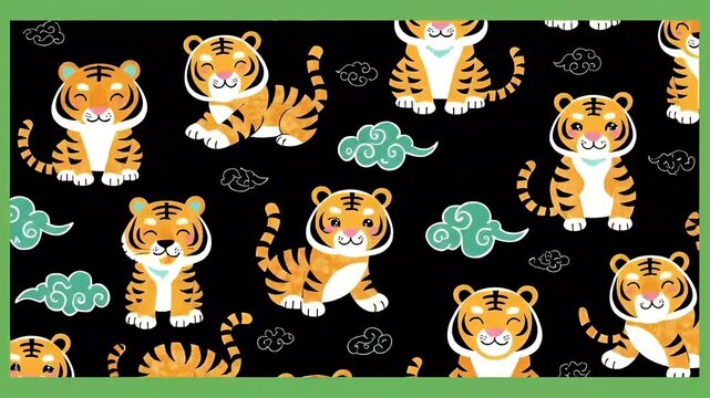 Cute Cartoon Tigers Pattern on Black Background Footage