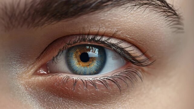 Blue hazel human eye close up with detailed iris texture and natural skin
