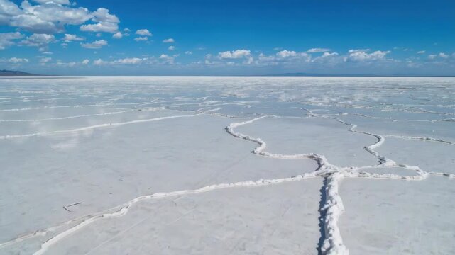 Salt flat white surface with hexagon pattern salt crust landscape blue sky and scattered clouds