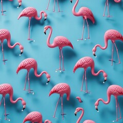 Obraz premium Pink Flamingo Figures on Blue Background Tropical Summer Wallpaper