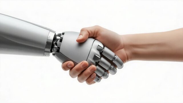 Robot human handshake collaboration technology partnership symbolizing trust and futuristic