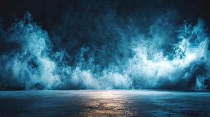 Dramatic Splash of Dark Blue Powder with Golden Reflection on the Ground Creating an Abstract Cloud Like Explosion in Dark Background