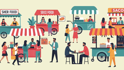 Vibrant Street Food Market Scene with Diverse Crowd and Colorful Food Carts.