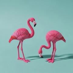 Fototapeta premium Pink Flamingo Figurines on Aqua Background - Tropical Decoration