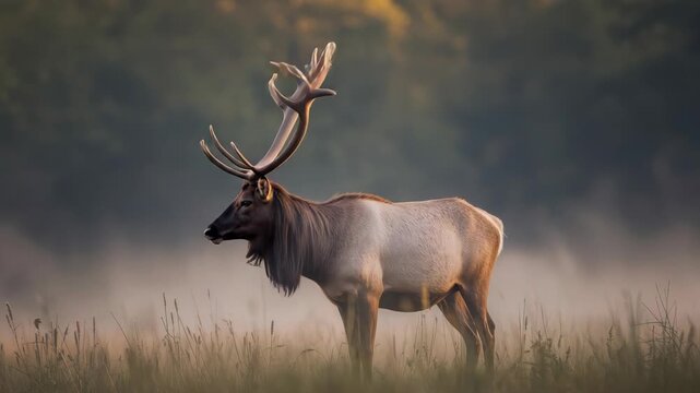 Majestic elk stag with large antler in misty meadow at dawn sunrise serene scene