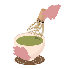 お茶を点てる。茶道。お抹茶を作る。ベクターイラスト