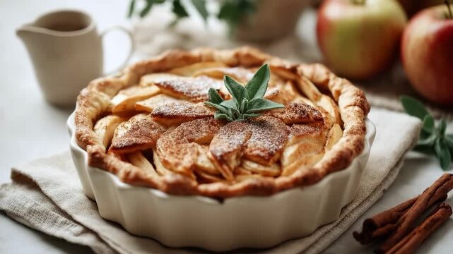 Freshly baked apple pie with golden crust and cinnamon topping, styled in rustic ceramic dish on light kitchen background, concept of cozy baking
