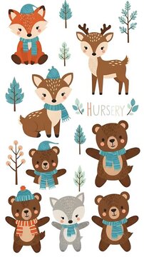 Cute Woodland Animals Winter Forest Scene Nursery Style