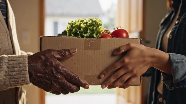 Heartwarming 4K Cinematic Close Up of Hands Exchanging a Food Donation Box for Zakat al-Fitr during Ramadhan