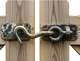 Rusty metal cabin hook latch locking wooden garden fence gate door on a transparent background