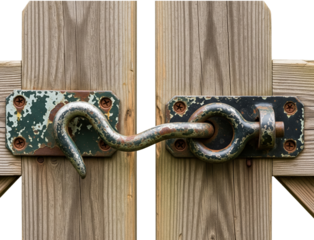 Rusty metal cabin hook latch locking wooden garden fence gate door on a transparent background