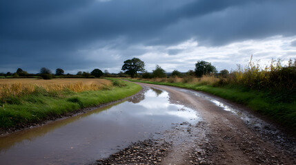 A Gritty Road under Dark Clouds: A solitary road snakes through a rural landscape, marked by puddles mirroring the dramatic sky, evoking a sense of journey and introspection. 