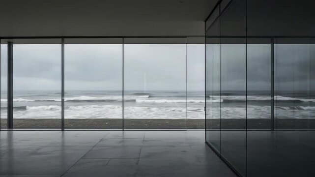 Minimalist beachfront interior with floor to ceiling glass framing moody ocean waves and cloudy sky