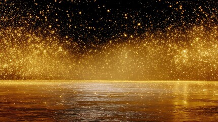 Golden Particles Falling onto Reflective Surface with a Dark Background and Glowing Light Creates Atmospheric Ambience for Decoration