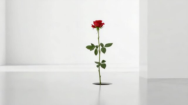 Red rose stem emerging through floor hole minimal white room with single bud leaf and serene
