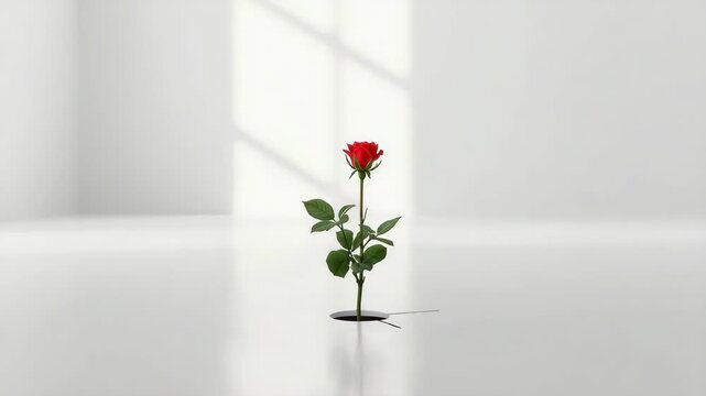 Red rose bud minimalist white room with soft window light single stem emerging from floor calm