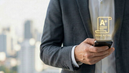 Financial high level planning concept for prime rating report plus credit score review on mobile phone by businessman in suit