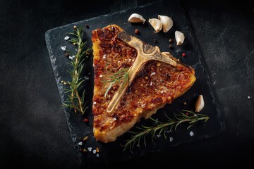 Grilled T Bone Steak on Black Stone Plate with Thyme Sprigs and Garlic Cloves Dark Background