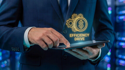 Financial high level planning concept for business efficiency drive on digital tablet in modern data center office environment