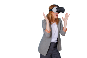 Woman experiencing virtual reality content, having surprising and immersive digital metaverse technology experience