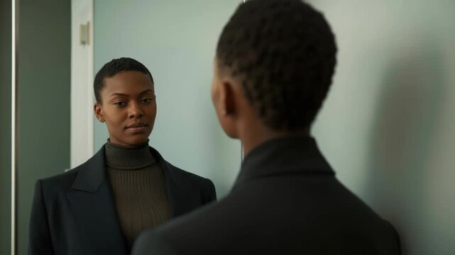 Young woman in blazer and turtleneck portrait with mirror reflection showing calm confident gaze