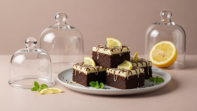 Four squares of chocolate brownies with lemon cream cheese frosting and lemon slices, presented on a plate surrounded by glass cloches and a halved lemon