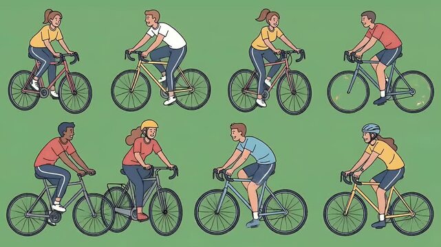 Diverse Cyclists Riding Bicycles on Green Background Animation