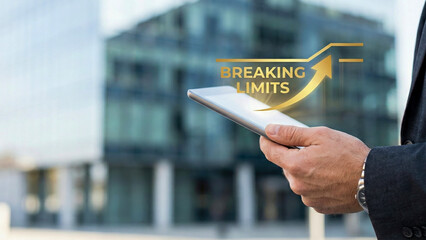 Financial high level planning concept shows breaking limits success on digital tablet in modern city office background