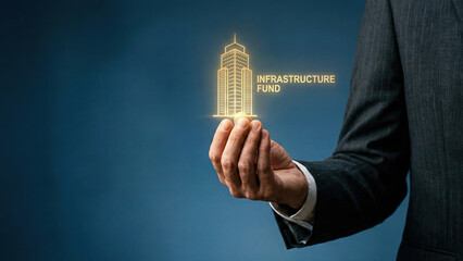 Financial high level planning concept for infrastructure fund investment strategy with glowing building icon hologram